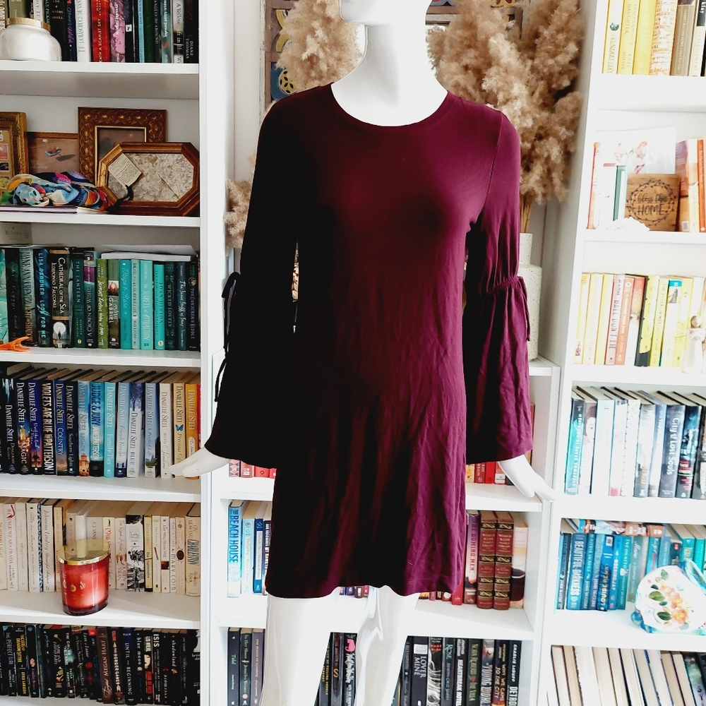 Loft Dress Long Bell Butterfly Sleeves Mini Sweater Dress Plum Burgundy Maroon